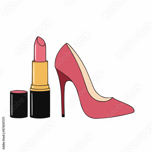 Lipstick and high heel shoe icon in pink and black colors  