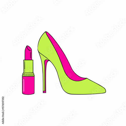 Neon green high heel shoe and pink lipstick icon  