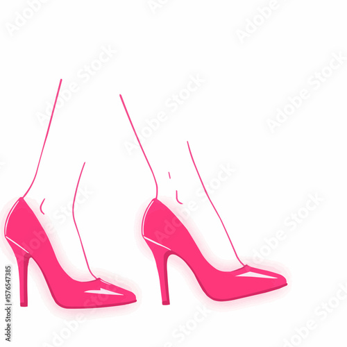 Pink high heels worn by woman walking on white background  