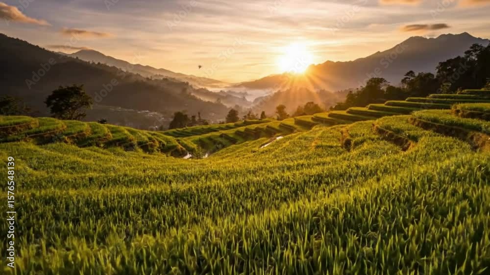 Sunrise over terraced rice fields in a mountain valley. Scenic rural landscape with golden sunlight, green hills, and misty atmosphere in the morning.
