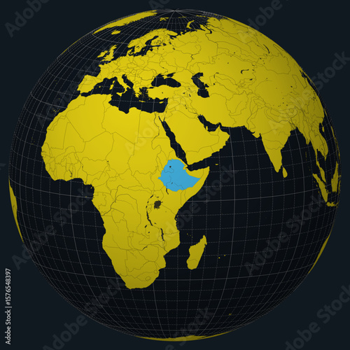 Federal Democratic Republic of Ethiopia on Globe. Country view on the world map in Charcoal Bright Yellow color palette. Ethiopia shape on map.