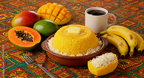 Corn couscous with butter and coconut, surrounded by tropical fruits (mango, papaya, banana) and coffee