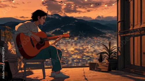 Anime musician playing acoustic guitar on city rooftop sunset 4K orbiting camera, seamless loop animation