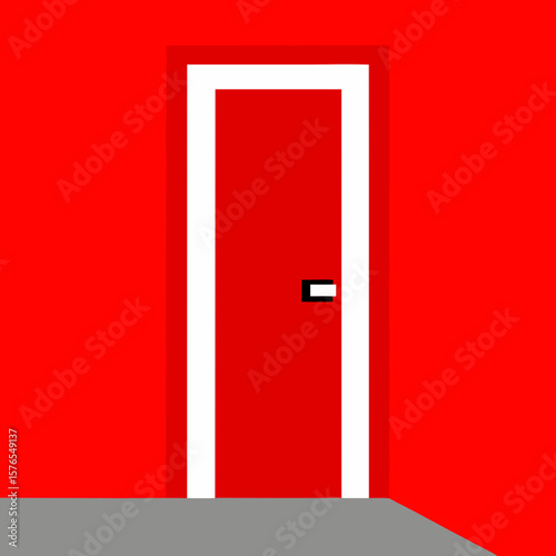 A closed red door with a white frame on a red wall