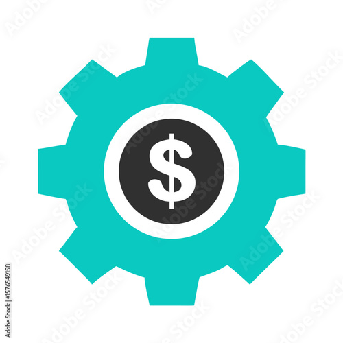 A teal gear with a dollar sign in the center on white background