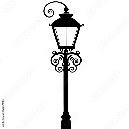 Vintage street lamp post with ornate swirls isolated on a white background