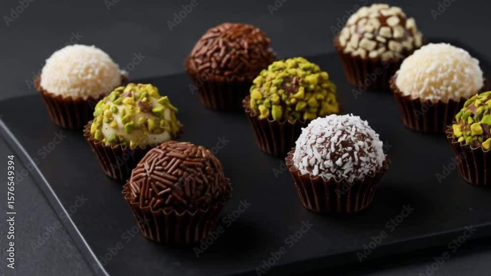 Traditional Brazilian brigadeiros in various gourmet versions, arranged on an elegant tray on