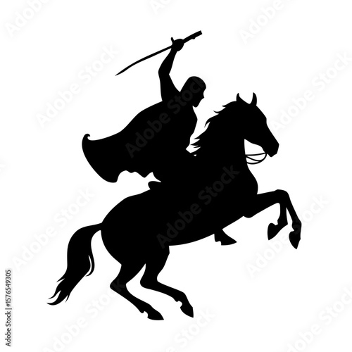 A silhouetted warrior on horseback raises a sword in a dynamic pose
