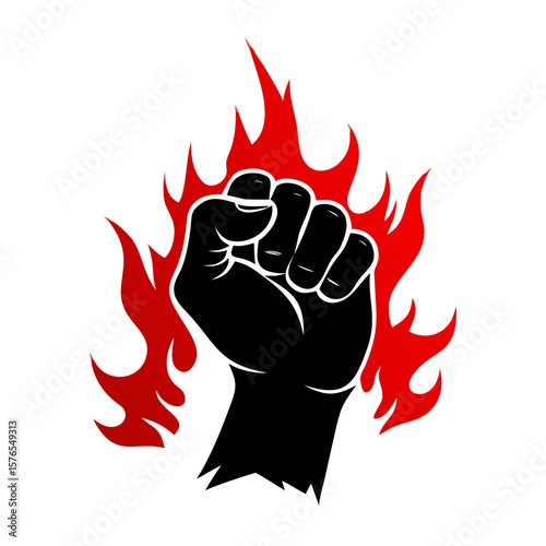 A clenched fist bursts into flames, symbolizing intense passion power