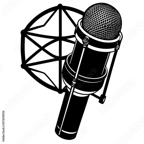 A professional studio microphone is depicted in a striking black white illustration