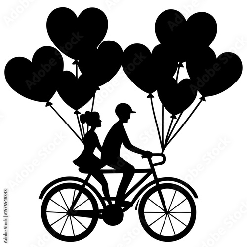 Couple riding a bicycle with heart balloons, isolated on white background