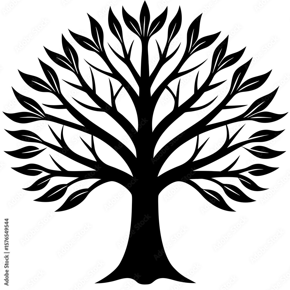 Obraz premium Black silhouette of a stylized tree with many leaves isolated on white