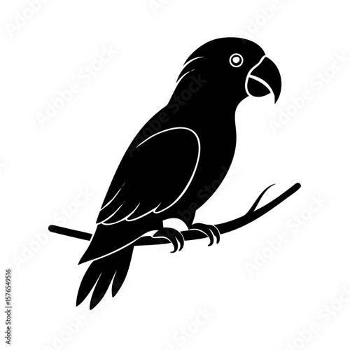Black silhouette of a parrot perched on a branch, isolated on white