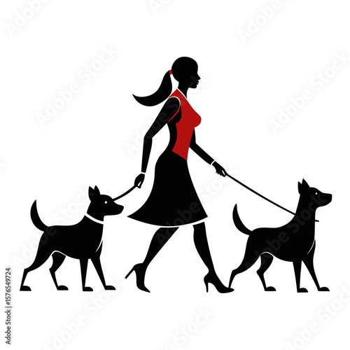 A woman walking two dogs on leashes, isolated on white