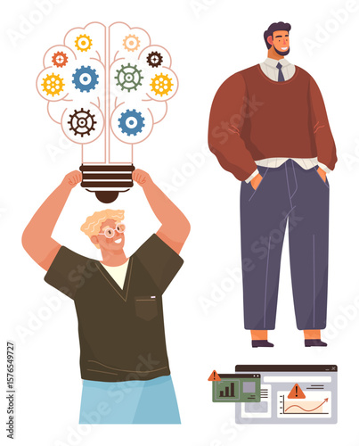 Young man holding a lightbulb with colorful gears representing ideas, a professional standing confidently, and charts on screens. Ideal for strategy, teamwork, creativity, productivity, leadership