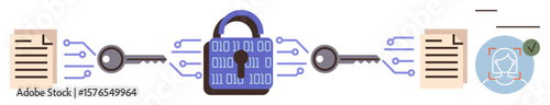 Centralized padlock with binary code connects two documents via keys, representing encryption process. Ideal for cybersecurity, data protection, digital security, encryption, privacy, IT systems