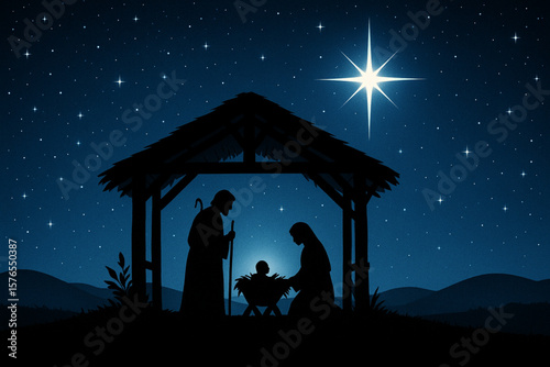 Nativity Silhouette Digital Illustration – Holy Family in Stable under Starry Night