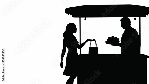 Silhouette of a woman buying produce from a vendor at an outdoor market stall in black and white image created with generated ai