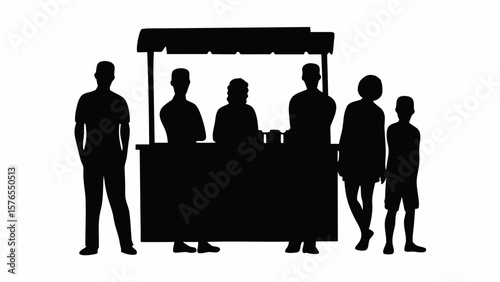Silhouette of people gathered around a market stall with a canopy in black and white illustration created with generated ai