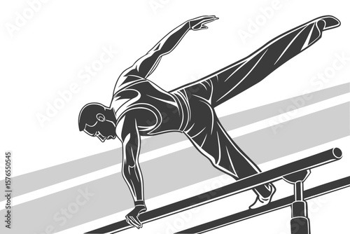 Illustration of a gymnast performing a split on parallel bars in black and white style design art created with generated ai