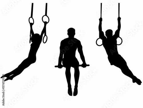 Silhouette of three gymnasts performing on rings and parallel bars in a white background image created with generated ai