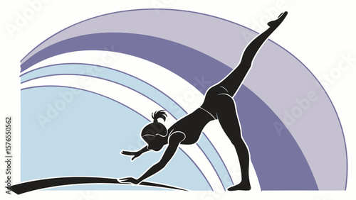 Silhouette of a woman in a yoga pose with leg raised against an abstract background design element created with generated ai