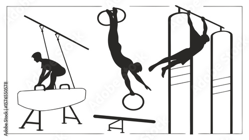 Silhouette illustration showing gymnasts performing on various apparatus in a gymnasium setting created with generated ai