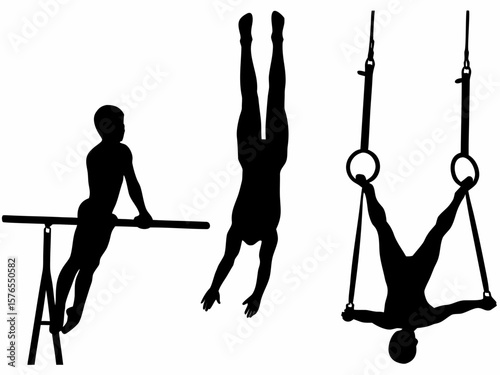 Silhouette of gymnasts performing on parallel bars, handstand, and gymnastic rings exercise on white created with generated ai