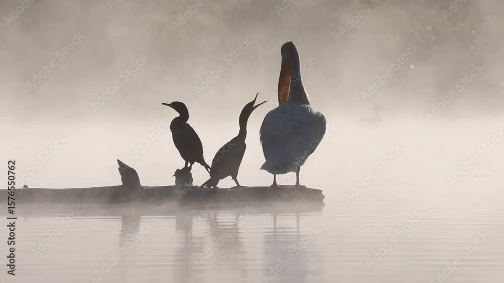 Slow motion video of a double-crested cormorant (Nannopterum auritum) confronting an American white pelican (Pelecanus erythrorhynchos) on a log at Antelope Lake in Plumas County, California