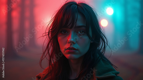 Young woman in a misty forest, illuminated by red and blue light, creating a surreal atmosphere