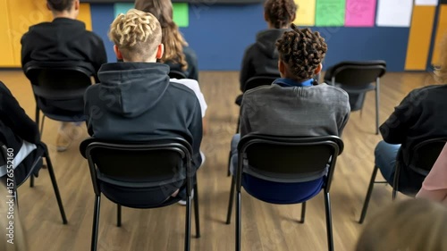 group of young people attending a presentation in a classroom setting