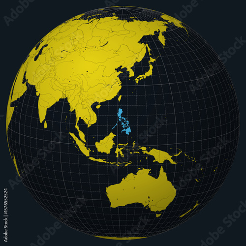 Philippines on Globe. Country view on the world map in Charcoal Bright Yellow color palette. Philippines shape on map. Globe with meridians, parallels, countries, rivers and lakes.