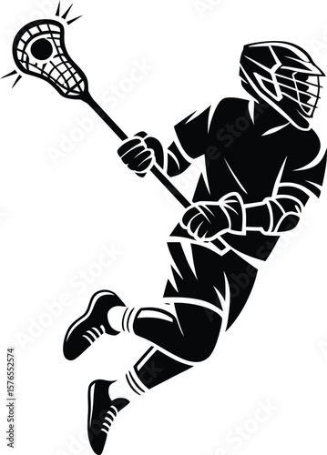 Lacrosse Player Silhouette Vector – Athlete in Action with Stick and Ball Isolated on White