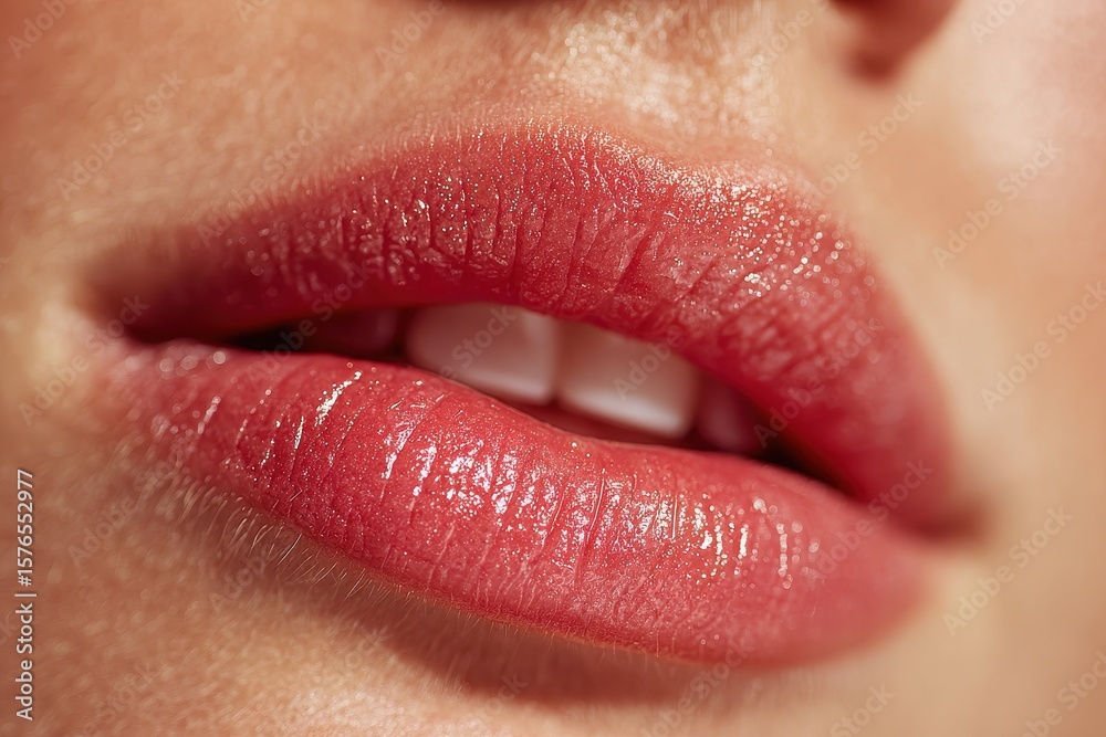 Close-up of red lips with glossy lipstick showing white teeth, highlighting beauty and makeup Close-up of red lips with glossy lipstick showing white teeth, highlighting beauty and makeup