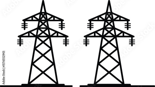 Electric Transmission Towers Silhouette – High Voltage Power Line Vector Illustration