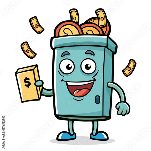 Cartoon teal box character holding money