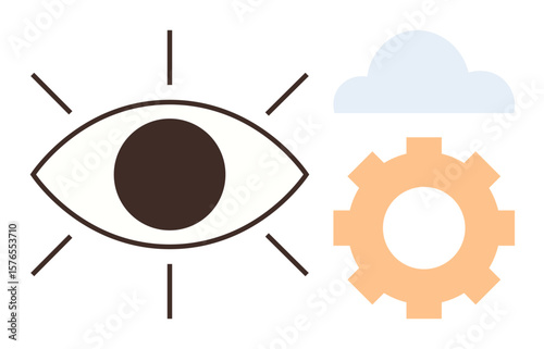 Eye with light rays, orange gear, and blue cloud combine to represent innovation, technology, data visualization, cybersecurity, creativity, development and mindset. Clear and simple flat metaphor
