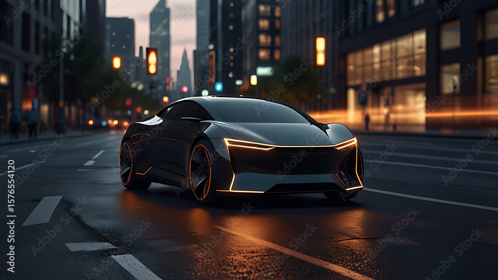 Fototapeta premium Cutting-Edge Luxury Car Design on Urban StreetsFuturistic Sports Car with Sleek Aerodynamic LinesUltra-Modern Electric Vehicle in Minimalist Studio