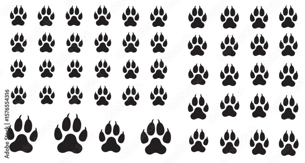 Fototapeta premium Grid Collection of Black Paw Print Silhouettes in Increasing Sizes Across Six Rows — Versatile Animal Icon Set for Pet Designs, Pattern Illustrations, and Veteset of vector silhouettes of dog paws,