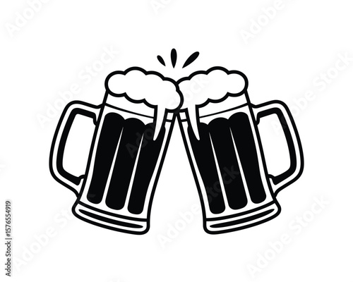 Black Silhouette Beer Mugs Clinking with Foam Vector Art