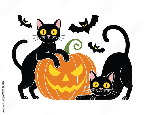 Spooky Black Cat Poses with Pumpkin Design
