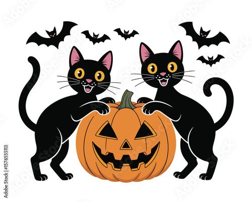 Cute Halloween Cats and Jack-o-Lantern Illustration