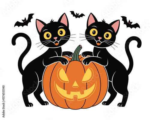 Black Cat Play with Pumpkin Halloween Vector Art