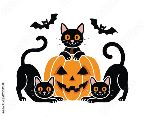 Black Cat Play with Pumpkin Halloween Vector Art