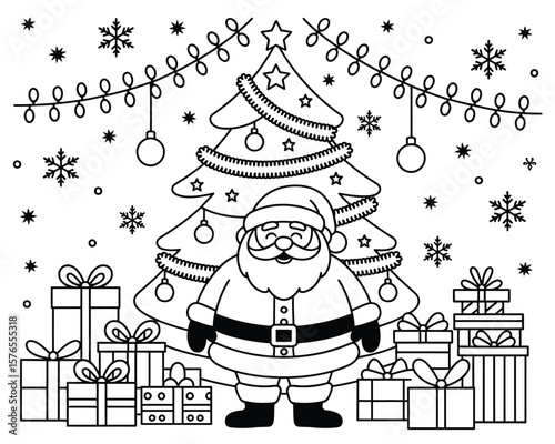 Black and White Holiday Santa and Tree Coloring Illustration