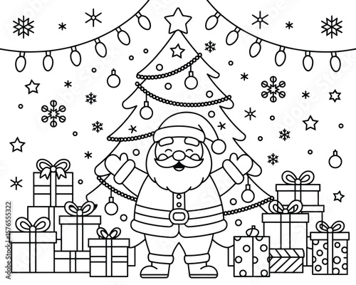 Festive Santa and Decorated Tree Holiday Coloring Sheet