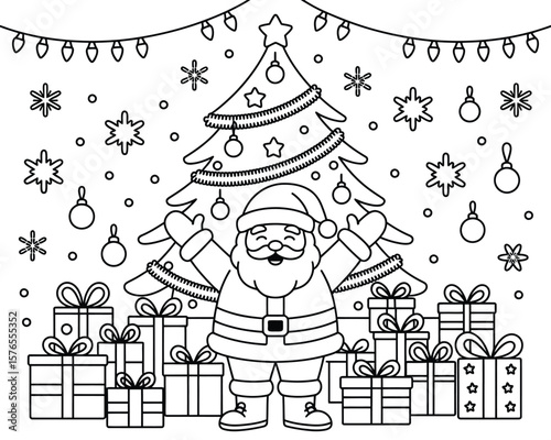 Jolly Santa with Christmas Tree Coloring Page Black and White