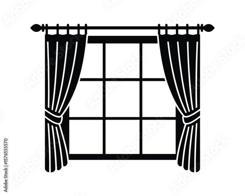 Traditional Window with Six Panes and Flowing Curtains Drawing