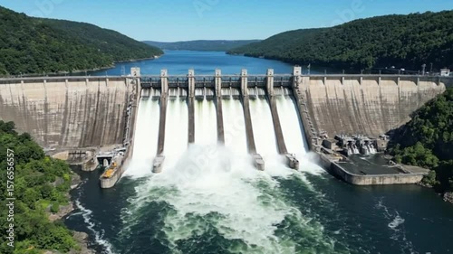 Aerial dam water hydro energy hydroelectricity power generation reservoir landscape view drone shot high definition video.