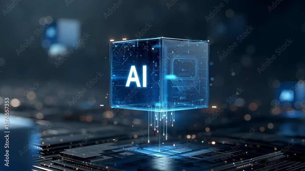 Glowing blue AI cube floating above a microchip with futuristic circuit patterns and digital particles in dark environment. Concept of artificial intelligence, machine learning and advanced technology